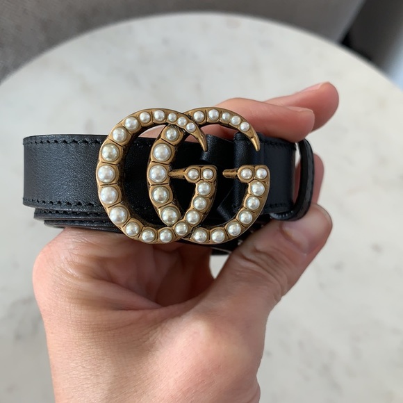 Gucci Black Leather Belt with Pearl Double G - Picture 1 of 5